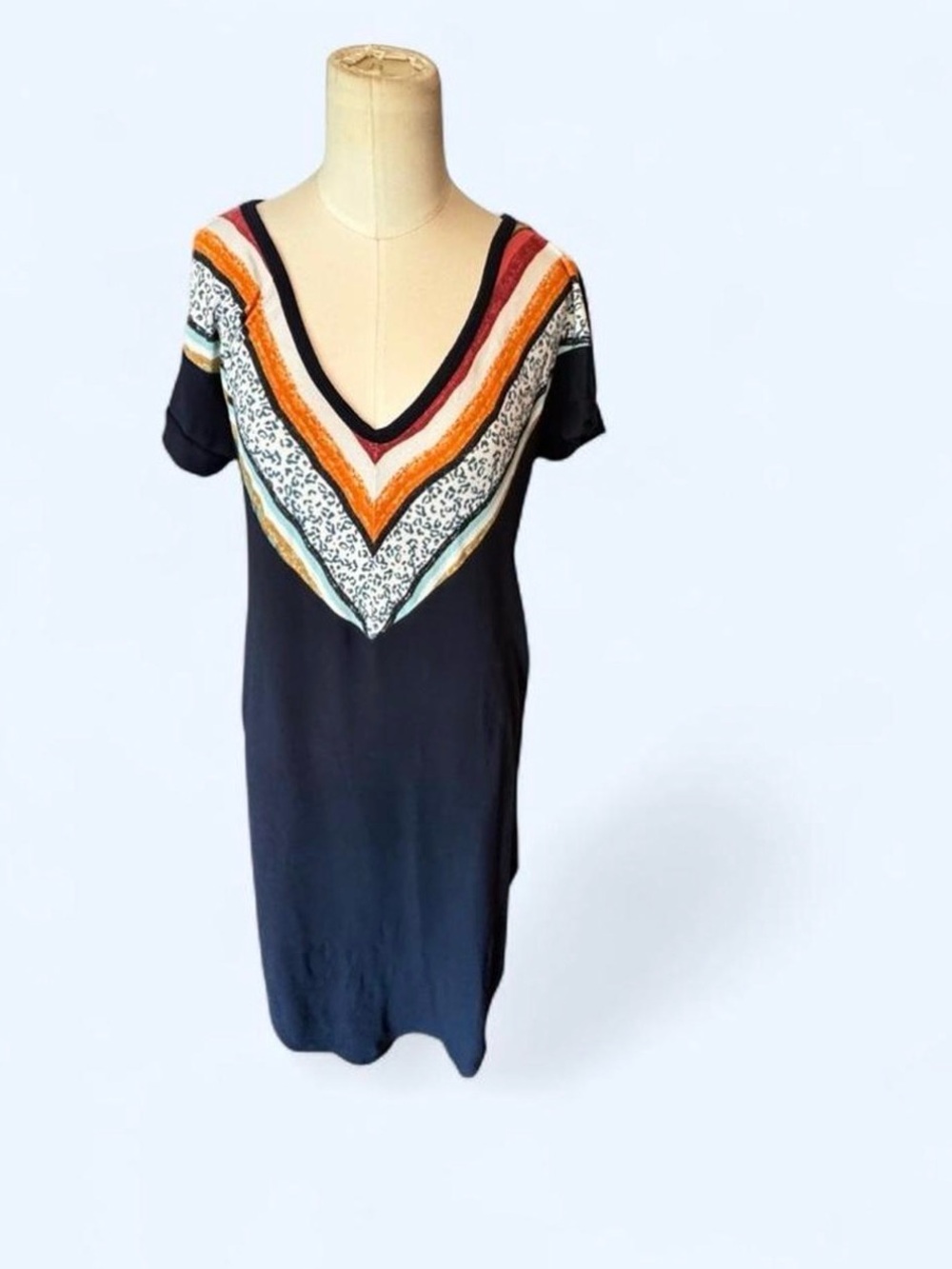 Lovely Melody navy Maxi Dress with Multicolor Chevron Yoke and pockets size med